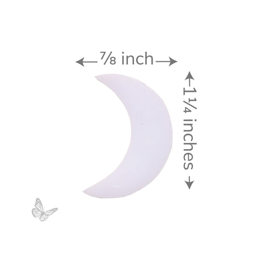 Precut white iridized crescent moon glass shape measuring approximately 7/8 inch wide by 1 1/4 inches tall. COE90 compatible for fused glass and mosaic art.
