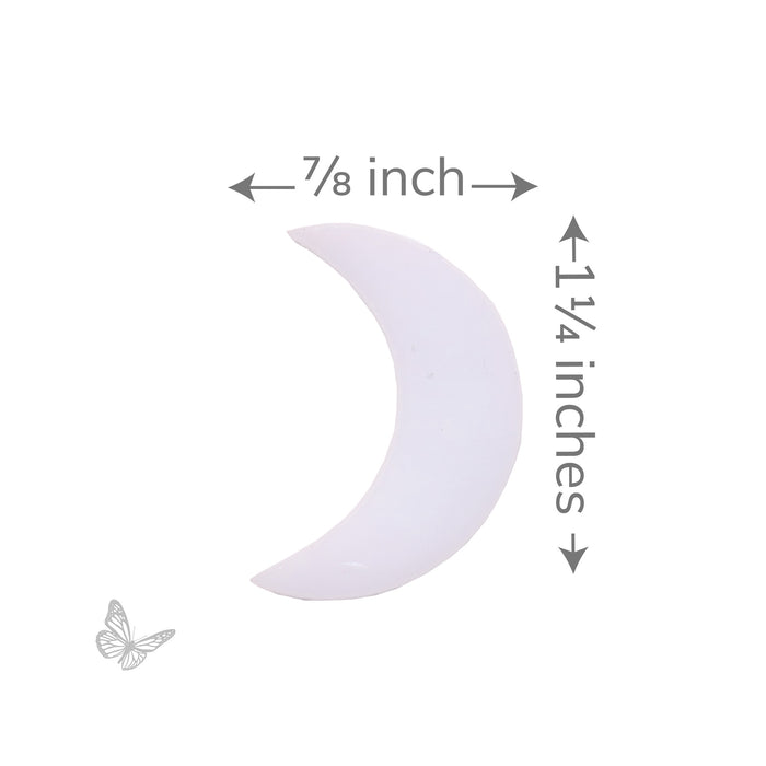 Precut white iridized crescent moon glass shape measuring approximately 7/8 inch wide by 1 1/4 inches tall. COE90 compatible for fused glass and mosaic art.