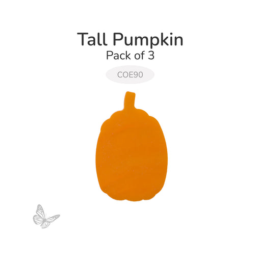 Pack of three precut Tall Pumpkin glass shapes for COE90 fused glass projects. Each pumpkin is precision waterjet cut from Bullseye orange fusible glass and features a classic tall pumpkin silhouette.
