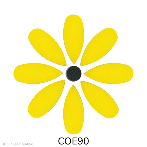 image of a fusible glass black-eyed susan flower with yellow petals and a black center - COE90