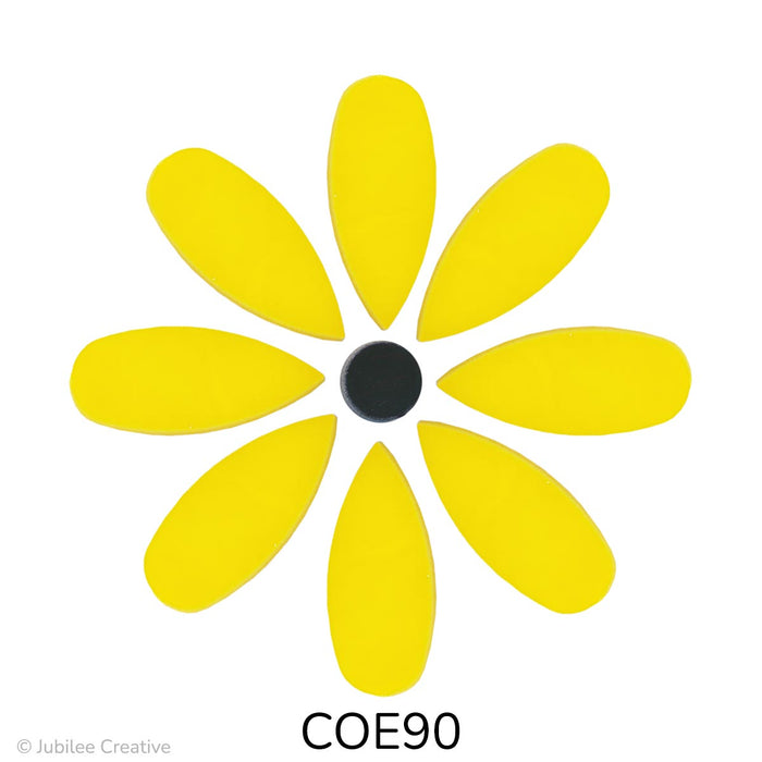 image of a fusible glass black-eyed susan flower with yellow petals and a black center - COE90