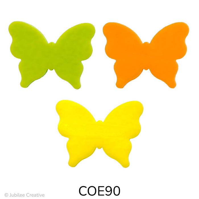 image of a precut glass three butterflies with pointed bottom wings.  Shown in opaque green, orange, and yellow - COE90