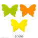 image of a precut glass three butterflies with pointed bottom wings.  Shown in opaque green, orange, and yellow - COE90