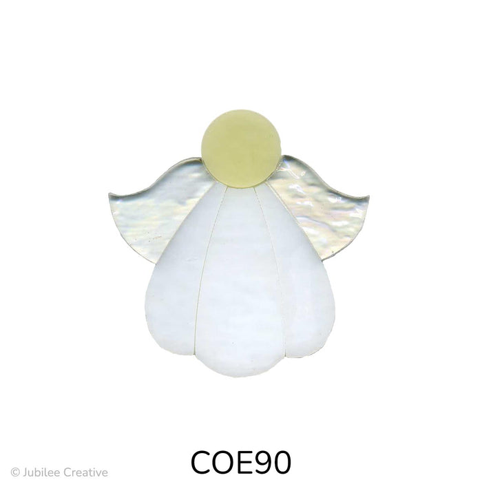 image of three fusible precut glass angles each one has and ivory head, clear wings, and a white dress COE90