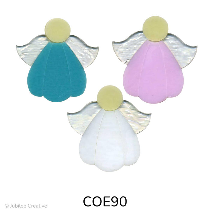 image of three fusible precut glass angles each one has and ivory head, clear wings, and a blue, pink, or white dress COE90