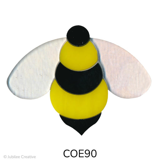 image of a fusible precut glass bumble be with a black and yellow stripped body and white wispy wings - COE0