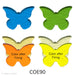 image of a precut glass four butterflies with rounded bottom wings.  Shown in blue, green, orange, and yellow - COE90