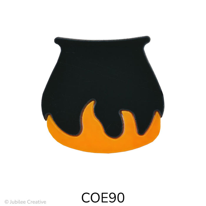 Image shows a black glass cauldron with an orange flame at the bottom, shaped like stylized fire licking up the pot. 