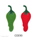 image of two fusible precut glass chili peppers. one is green and one is red. both have a dark green top. COE90