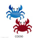 image of two fusible precut glass crabs. One is a wispy blue and the other is red. Both feature two black glass dots for eyes - COE90