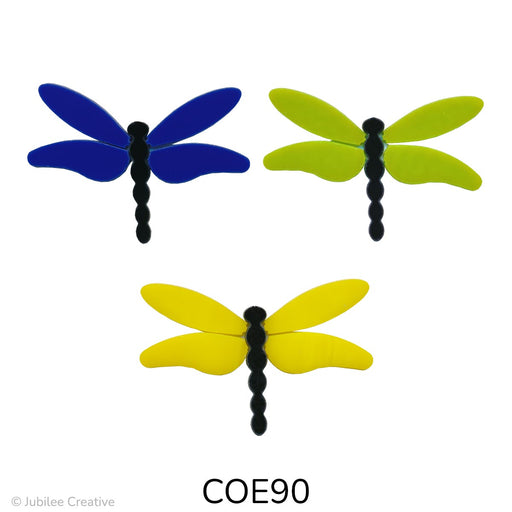 image of a three precut glass dragonflies with a black body and wings in blue, or green, or yellow - COE90