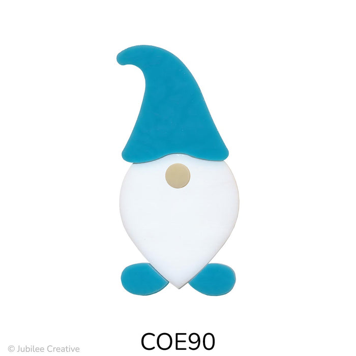 image of a fusible precut glass garden gnome. He has blue feet, a blue hat, with a white beard and ivory nose - COE90