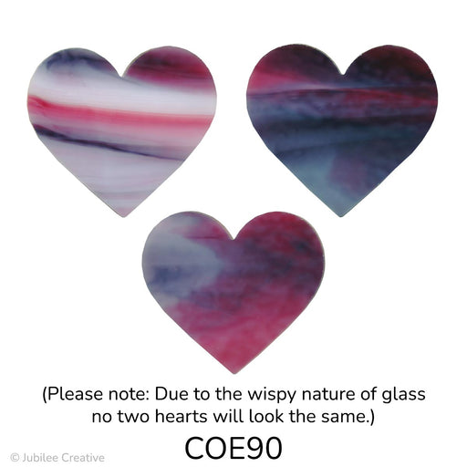 image of three fusible precut purple, white, and cranberry streaky colored heart shape to show the variation in colors - COE90