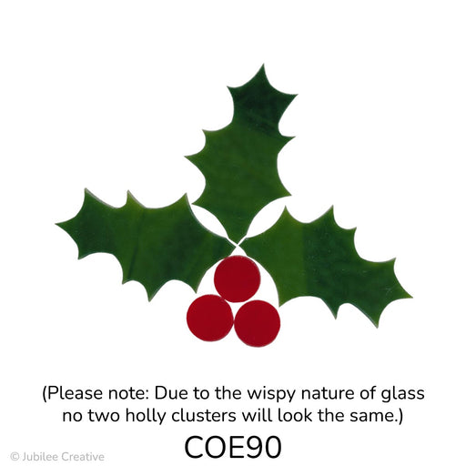 image of a fusible precut glass holly customer which features three green leaves and three red berries - COE90