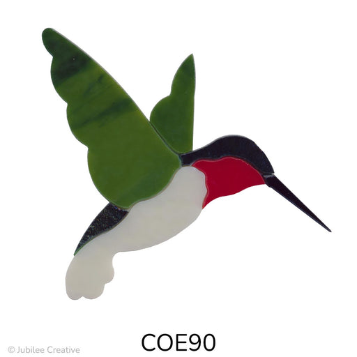 image of a precut glass hummingbird with a tan body, green wings, red throat, and black beak - COE90