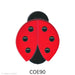 image of a precut fusible glass ladybug with a black head, tail, and dots on a translucent red body - COE90