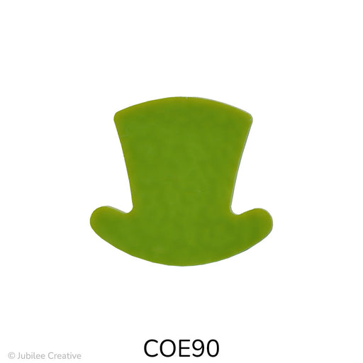 Image of a solid green COE90 fusible precut glass Leprechaun Hat. Fun fact: The leprechaun hat, often adorned with a buckle, symbolizes good fortune and a connection to Irish folklore! 