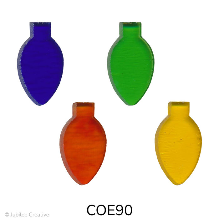 fusible precut glass light bulbs shown in four different translucent colors, blue, green, red, and yellow - COE90