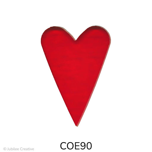 COE90 fusible precut glass long heart in the color translucent red.