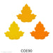 Image shows three glass maple leaves in bold, solid colors: bright yellow, golden orange, and deep orange. Each leaf has a smooth, symmetrical three-lobed shape.