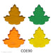 fusible precut glass maple leaves shown in four different translucent colors, amber, green, orange, and yellow - COE90