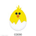 image of a fusible precut white glass egg with a yellow chick with black eyes and an orange beak hatching out of the egg - COE90