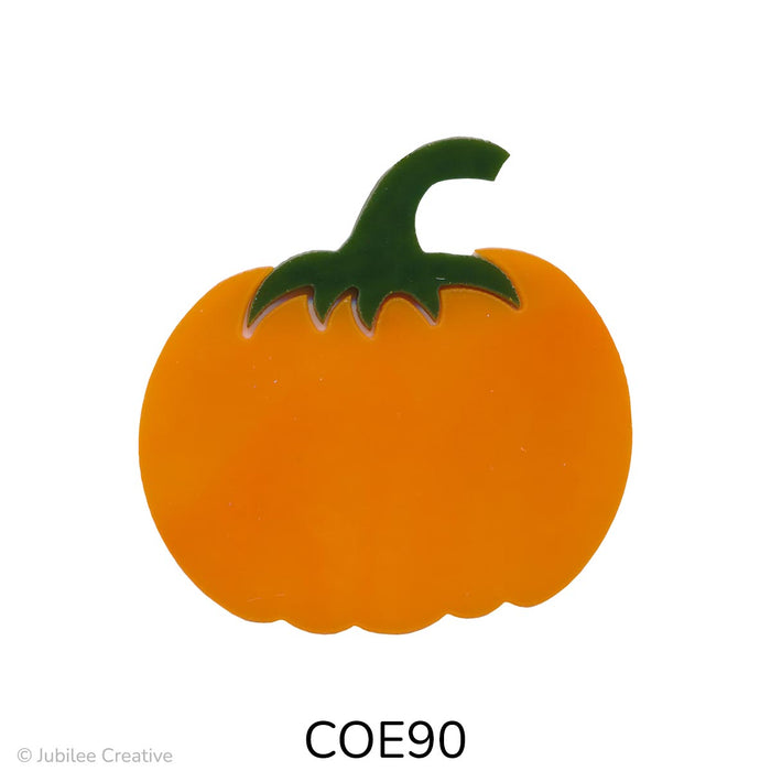 image of a fusible precut glass pumpkin round in shape. The orange pumpkin has a green stem. COE90