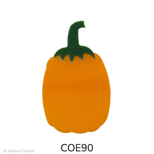 image of a fusible precut glass pumpkin oblong in shape. The orange pumpkin has a green stem. COE90