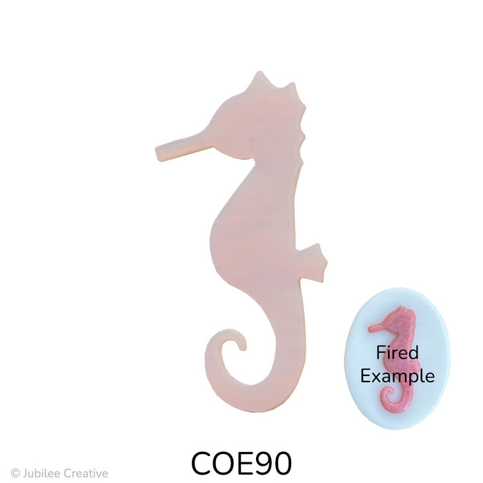 image of a fusible precut salmon pink glass. image also shows the seahorse after it has been fused - COE90