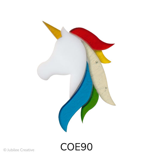 image of a fusible precut glass unicorn featuring a white head, iridized horn, and a red, orange, yellow, blue and green mane - COE90