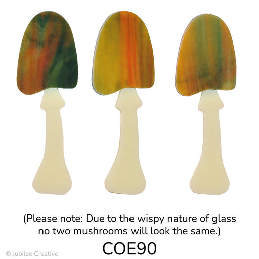 image of three precut glass mushrooms with ivory stems and multicolored tops to show variation - COE90