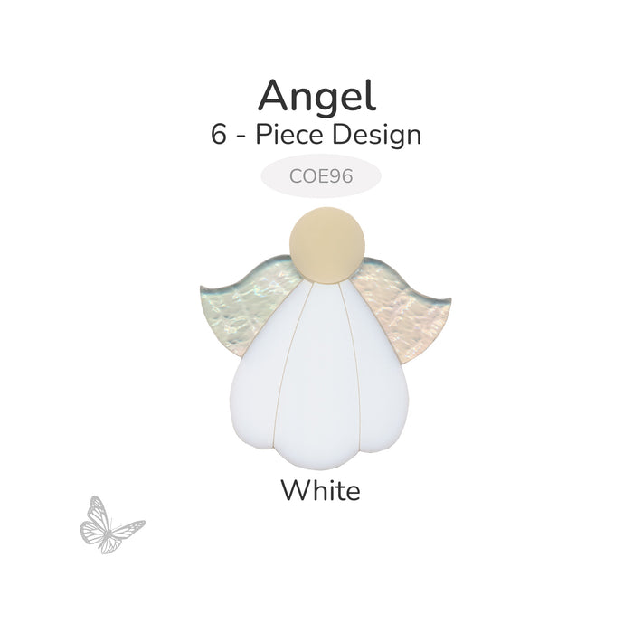 COE96 precut glass angel 6-piece design in white with clear textured wings