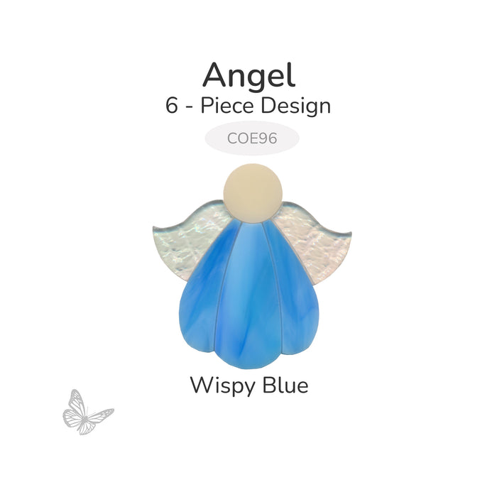 COE96 precut glass angel 6-piece design in wispy blue with clear textured wings