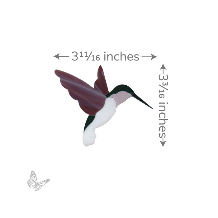 Fusible precut glass hummingbird with measurements of 3 11/16 inches by 3 3/16 inches on a white background 