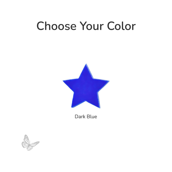Blue fusible precut glass star with 'Choose Your Color' text and a butterfly icon on a white background COE96