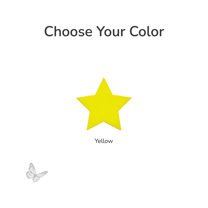 Yellow fusible precut glass star with 'Choose Your Color' text and a butterfly icon on a white background COE96