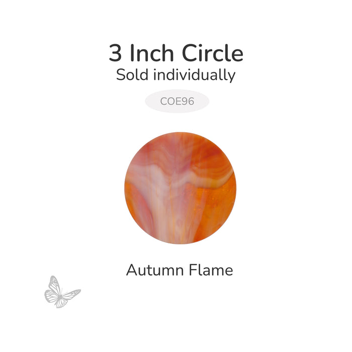 Precut 3-inch Autumn Flame Oceanside COE96 fusible glass circle, 3mm thick, sold individually.