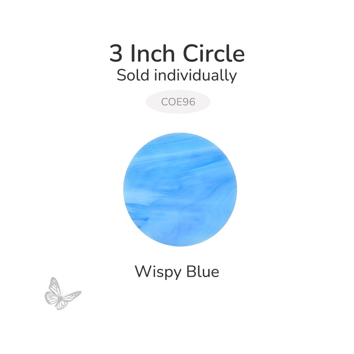 Precut 3-inch Wispy Blue Oceanside COE96 fusible glass circle, 3mm thick, sold individually.