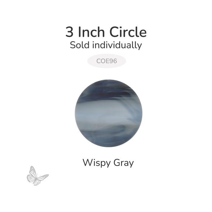 Precut 3-inch Wispy Gray Oceanside COE96 fusible glass circle, 3mm thick, sold individually.