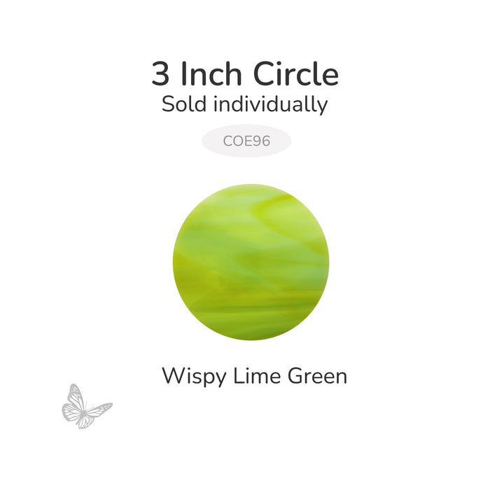 Precut 3-inch Wispy Lime Green Oceanside COE96 fusible glass circle, 3mm thick, sold individually.
