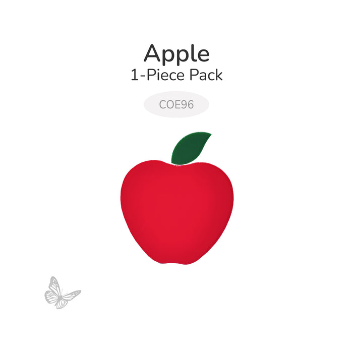 Bright red precut fusible glass apple shape with a green leaf, displayed on a white background with text indicating a 1-piece pack and COE96.