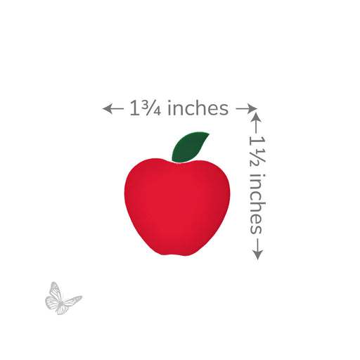 Precut red fusible glass apple shape with green leaf shown with dimension arrows indicating approximately 1.25 inches wide by 1.5 inches tall on a white  background.