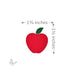Precut red fusible glass apple shape with green leaf shown with dimension arrows indicating approximately 1.25 inches wide by 1.5 inches tall on a white  background.