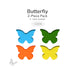 Four translucent precut butterfly glass shapes in blue, green, orange, and yellow displayed with "Butterfly 2-Piece Pack" and COE96 label.