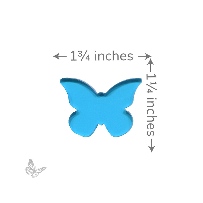 Single translucent blue butterfly glass shape with dimensions shown as 1¾ inches wide by 1¼ inches tall.