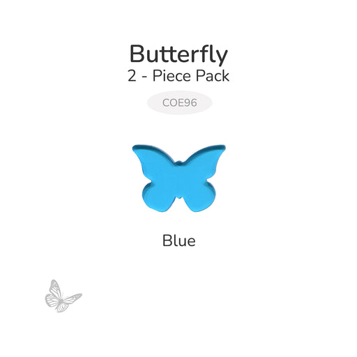 Translucent blue precut butterfly glass shape labeled Blue, part of a 2-piece COE96 pack.