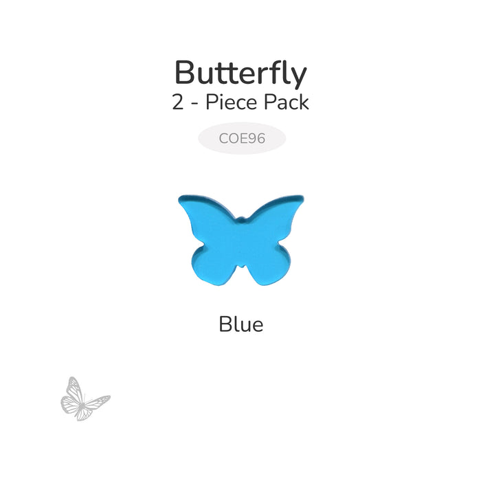Translucent blue precut butterfly glass shape labeled Blue, part of a 2-piece COE96 pack.