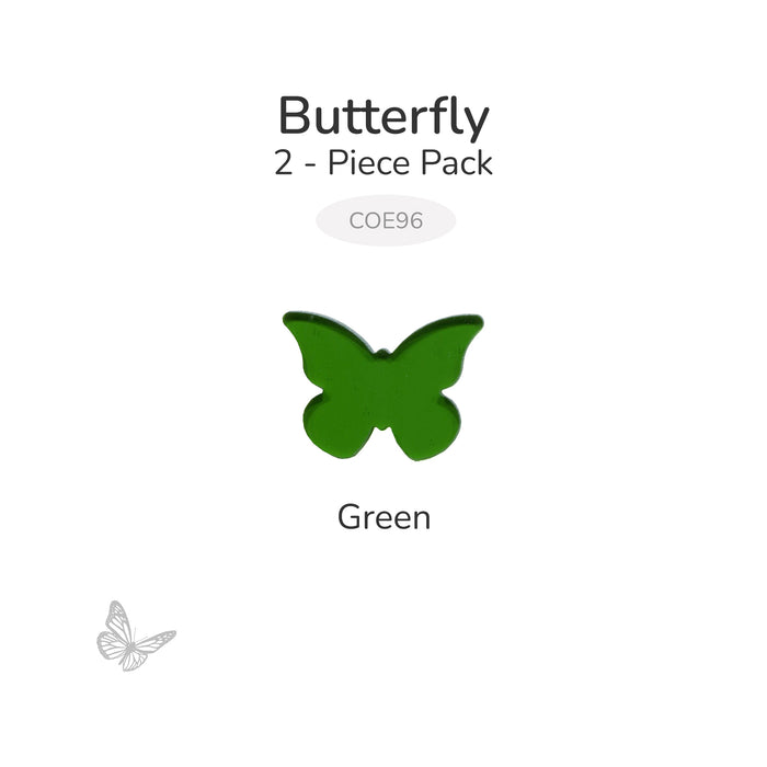 Translucent green precut butterfly glass shape labeled Green, part of a 2-piece COE96 pack.