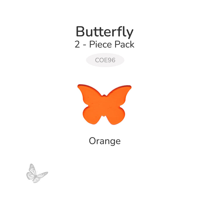 Translucent orange precut butterfly glass shape labeled Orange, part of a 2-piece COE96 pack.