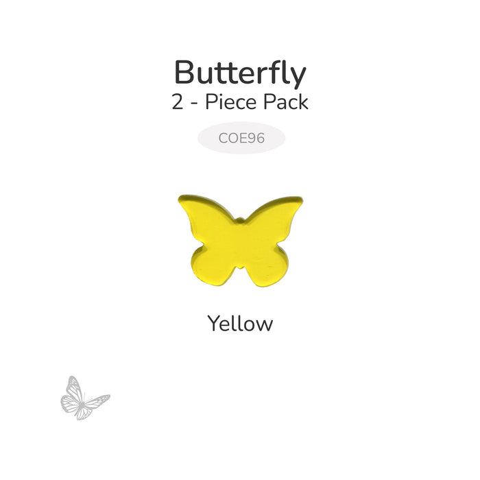 Translucent yellow precut butterfly glass shape labeled Yellow, part of a 2-piece COE96 pack.